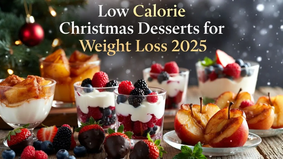 Vibrant assortment of low calorie Christmas desserts for weight loss 2025 including yogurt parfaits, chocolate treats, and fruit crisps on a festive table with holiday lights